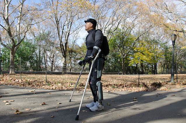 Robert Woo demonstrates the bionic suit ReWalk in Riverside Park